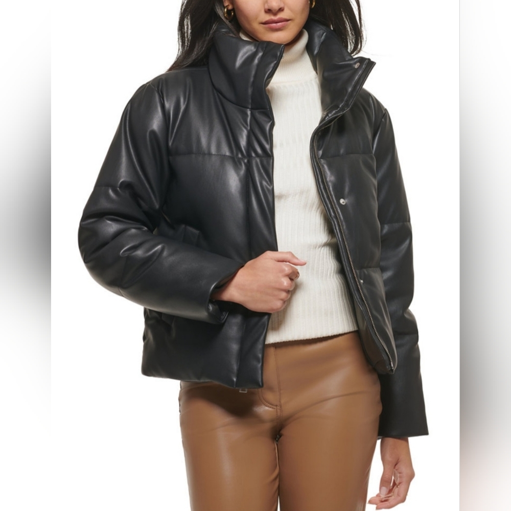 Levi's Women's Faux Leather Short Puffer Jacket black pleather